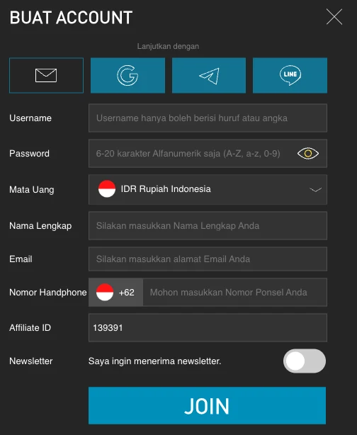 Formulir pendaftaran W88 dengan mata uang IDR, kolom Nama Lengkap, dan kolom Affiliate ID
