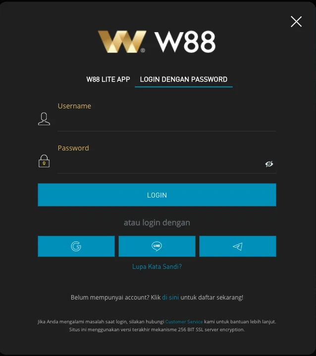 Formulir login W88 dengan pilihan aplikasi W88 Lite atau kata sandi